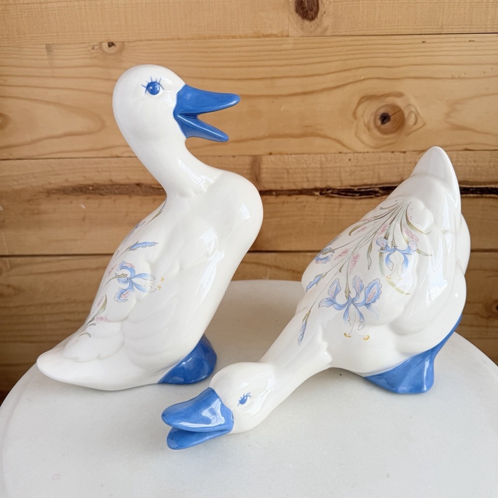 VTG 80s 90s Blue‎ White Ceramic Country Kitchen Geese Ducks Floral Cottage Core
